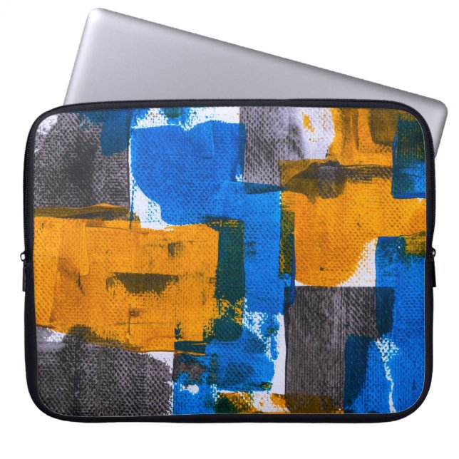 Blue, orange, and grey abstract art laptop sleeve (Front)