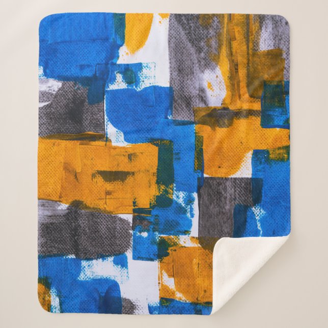 Blue, orange, and grey abstract art sherpa blanket (Front)