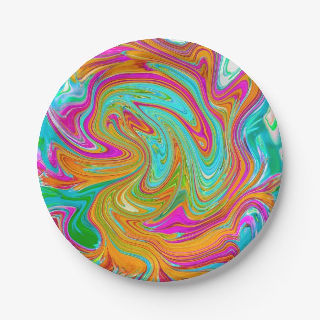 Blue, Orange and Hot Pink Groovy Abstract Retro Paper Plate (Front)