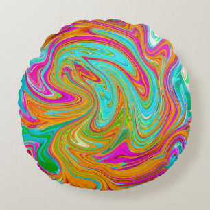 Blue, Orange and Hot Pink Groovy Abstract Retro Round Cushion