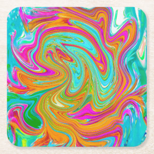 Blue, Orange and Hot Pink Groovy Abstract Retro Square Paper Coaster