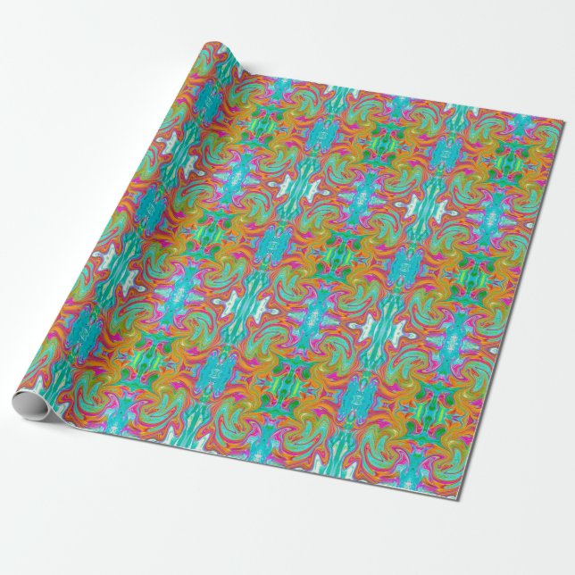 Blue, Orange and Hot Pink Groovy Abstract Retro Wrapping Paper (Unrolled)