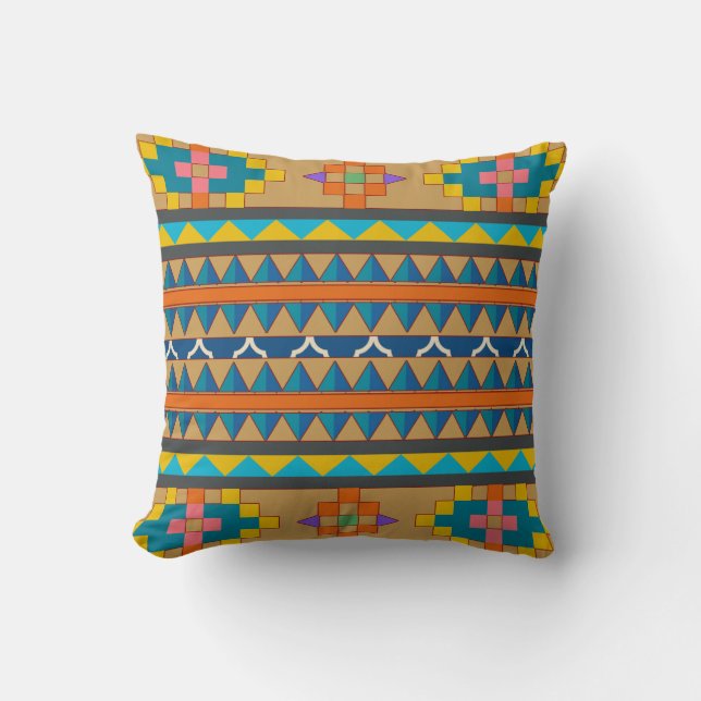 Blue Orange and Yellow Aztec Inspired Pillow (Front)