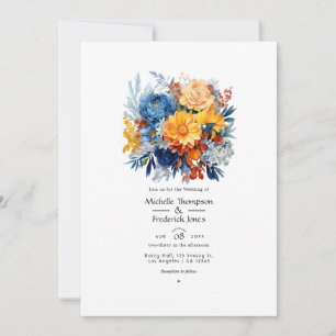 Blue, Orange and Yellow Floral Wedding Invitation