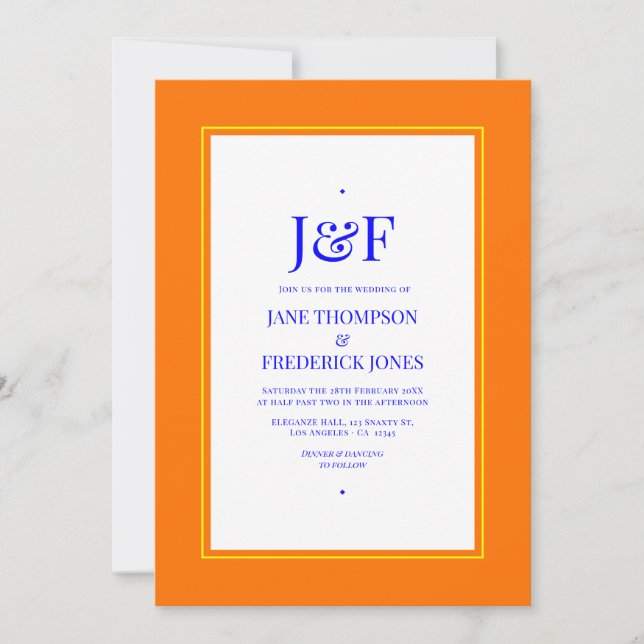 Blue, Orange and Yellow Wedding Invitation (Front)