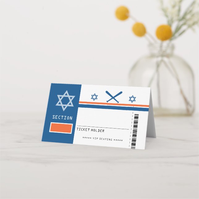 Blue Orange Bar Mitzvah Baseball Ticket Seating Place Card (Front)