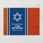 Blue Orange Basketball Bar Mitzvah Save the Date Postcard<br><div class="desc">Basketball themed Bar Mitzvah save the date postcard with a basketball background and blue accents. This basketball Bar Mitzvah save the date postcard is stylish and modern. This basketball themed Bar Mitzvah save the date postcard features an orange basketball texture background with blue jersey look background for the name and...</div>