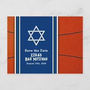 Blue Orange Basketball Bar Mitzvah Save the Date Postcard