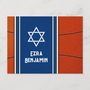 Blue Orange Basketball Bar Mitzvah Thank You Postcard