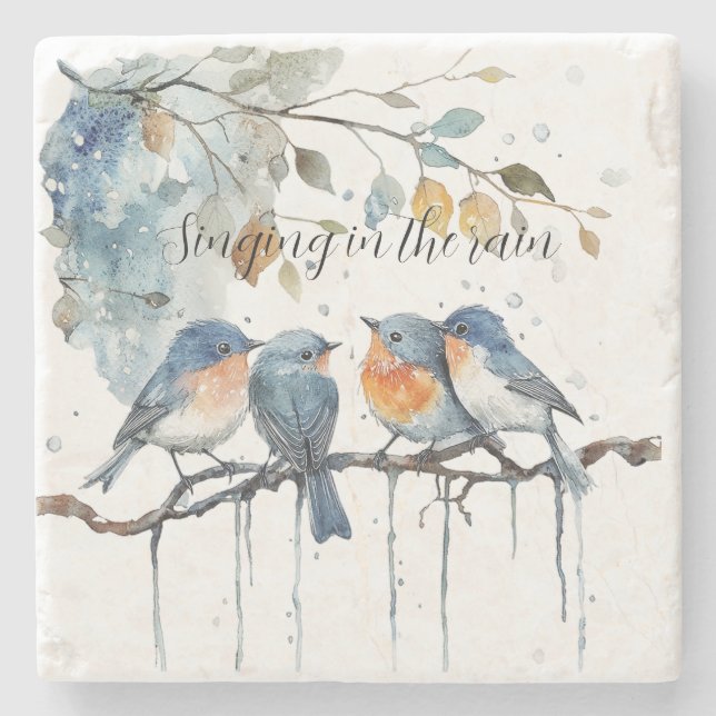 Blue Orange Birds Singing in the Rain Stone Coaster (Front)