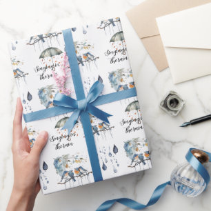 Blue Orange Birds Singing in the Rain Wrapping Paper