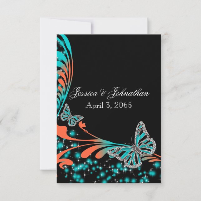 Blue orange black butterfly sparkle invitation (Front)
