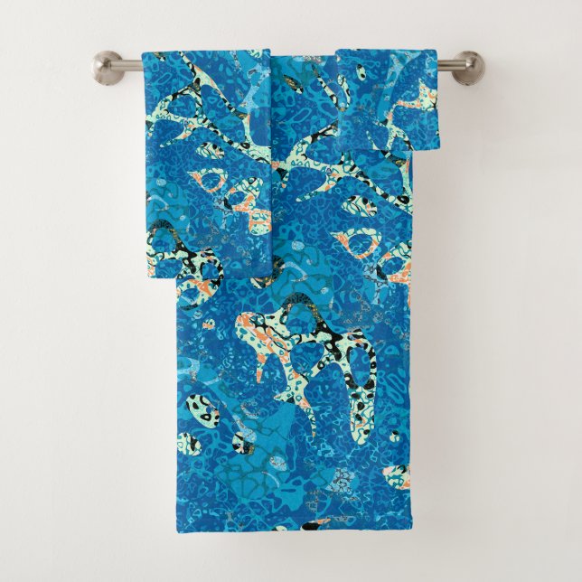 Blue Orange Black Spotted Graphic Abstraction Bath Towel Set (Insitu)