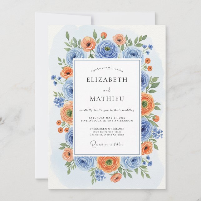 Blue Orange Blossom Romance Wedding Invitation (Front)