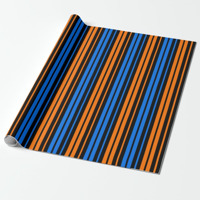 Blue Orange Blue Vertical Stripes Design   Wrapping Paper (Unrolled)