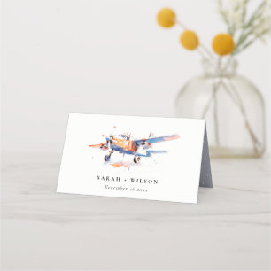 Blue Orange Blush Aeroplane Watercolor Wedding Place Card