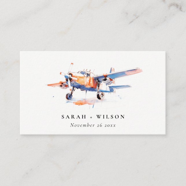 Blue Orange Blush Aeroplane Wedding Website Enclosure Card (Front)