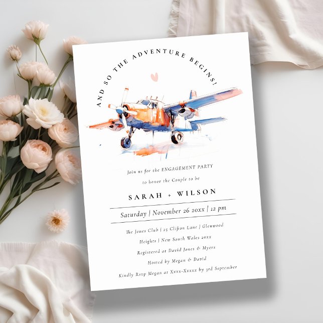 Blue Orange Blush Watercolor Aeroplane Engagement Invitation (Creator Uploaded)