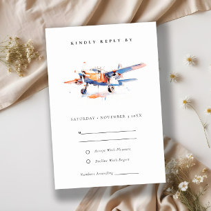 Blue Orange Blush Watercolor Aeroplane Wedding RSVP Card