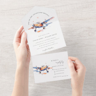Blue Orange Blush Watercolor Air Plane Wedding All In One Invitation
