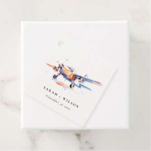 Blue Orange Blush Watercolor Air Plane Wedding Favour Tags