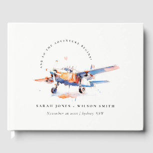 Blue Orange Blush Watercolor Air Plane Wedding Guest Book