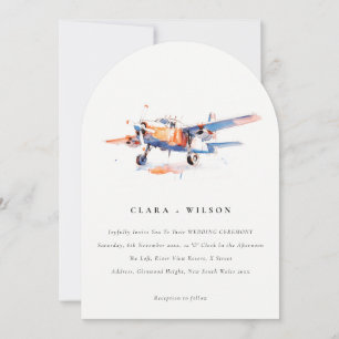 Blue Orange Blush Watercolor Air Plane Wedding Invitation