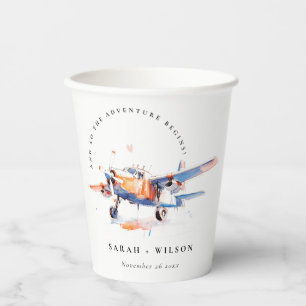 Blue Orange Blush Watercolor Air Plane Wedding Paper Cups