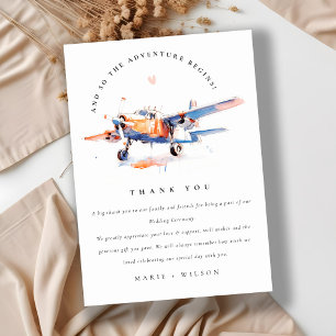 Blue Orange Blush Watercolor Air Plane Wedding Thank You Card