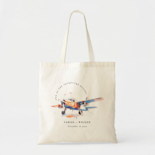 Blue Orange Blush Watercolor Air Plane Wedding Tote Bag
