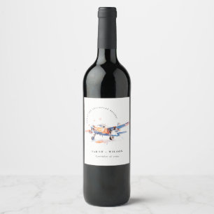 Blue Orange Blush Watercolor Air Plane Wedding Wine Label