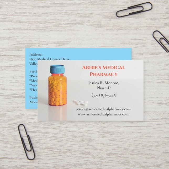 Blue Orange Bottle Pharmacist Pharmacy Pills Business Card (Front/Back In Situ)