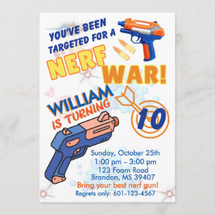 Blue Orange Boys BD Party- Nerf War 10th Birthday Invitation