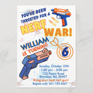 Blue Orange Boys BD Party- Nerf War 6th Birthday Invitation