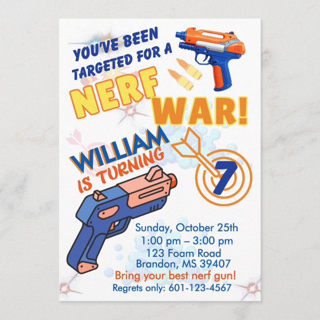 Blue Orange Boys BD Party- Nerf War 7th Birthday Invitation (Front)
