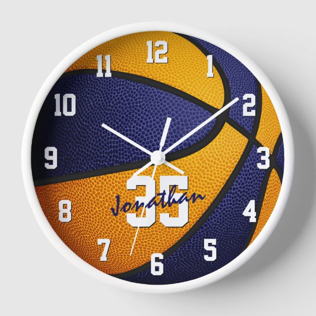 blue orange boys girls basketball personalized clock (Front)
