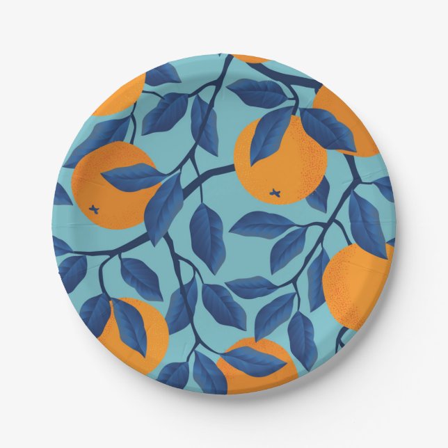 Blue Orange Branch Pattern Paper Plate (Front)