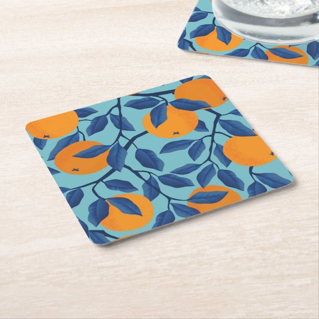 Blue Orange Branch Pattern Square Paper Coaster (Angled)