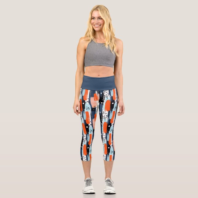 Blue Orange Brushstrokes Abstract Pattern Capri Leggings (Front)