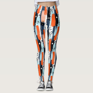 Blue Orange Brushstrokes Abstract Pattern Leggings