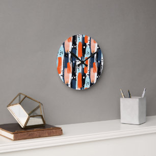 Blue Orange Brushstrokes Abstract Pattern Round Clock