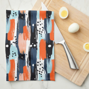Blue Orange Brushstrokes Abstract Pattern Tea Towel