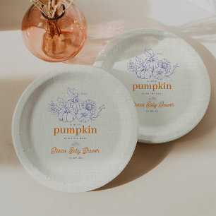 Blue Orange Burlap Little Pumpkin Baby Shower Paper Plate