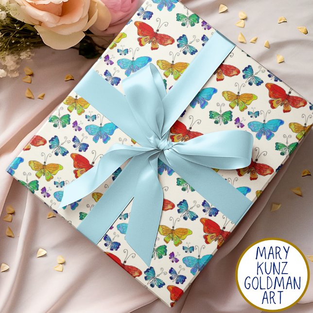 Blue Orange Butterfly Pattern Hand-Illustrated Wrapping Paper Sheet (This hand-illustrated butterfly gift wrap features whimsical butterflies on an ivory background.)