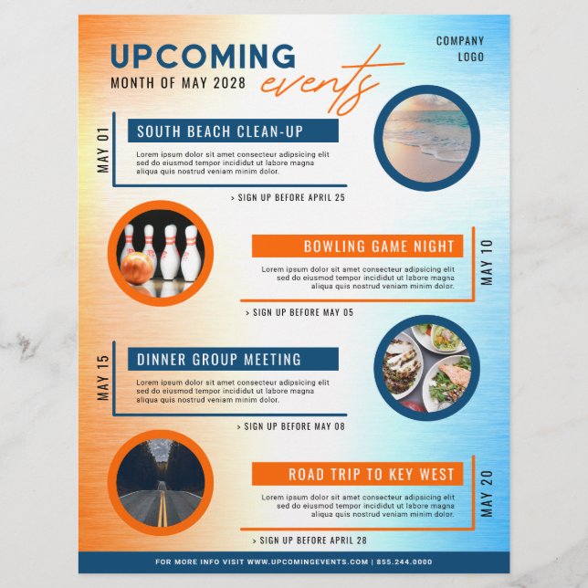 Blue & Orange Calendar Upcoming Events Photo Flyer (Front)