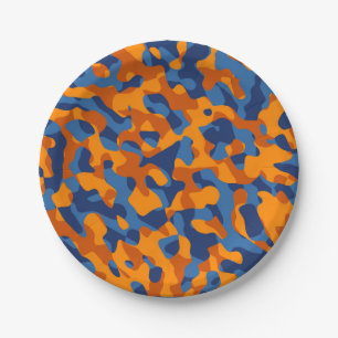 Blue Orange Camouflage Print Pattern Paper Plate