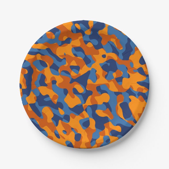 Blue Orange Camouflage Print Pattern Paper Plate (Front)