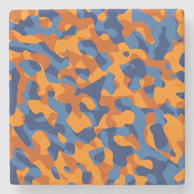 Blue Orange Camouflage Print Pattern Stone Coaster (Front)