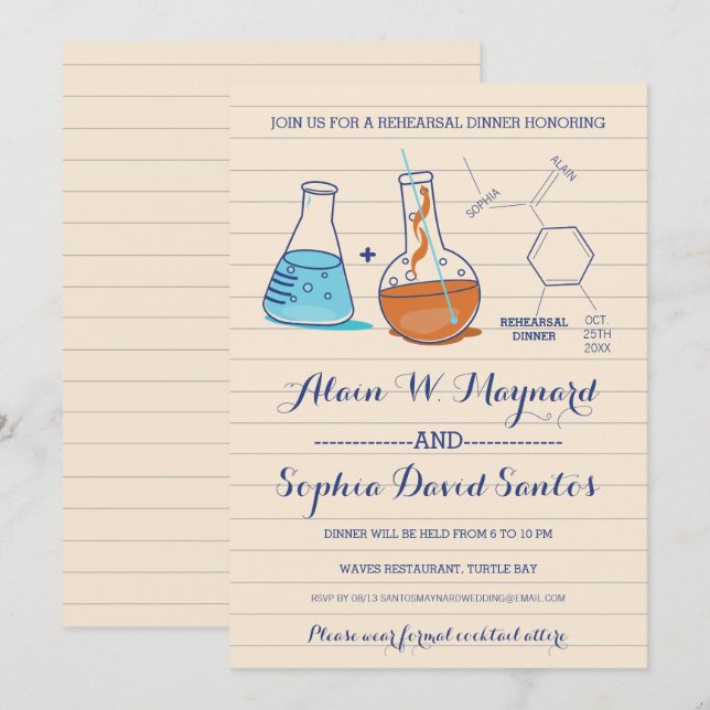 Blue & Orange Chemistry Rehearsal Dinner Invites (Front/Back)