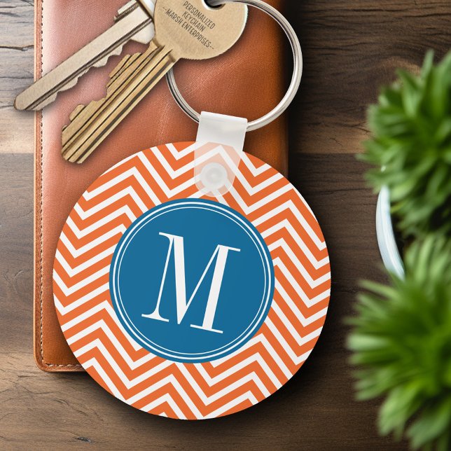 Blue & Orange Chevron Pattern with Monogram Key Ring (Personalized Keychain - Add Name or Monogram)